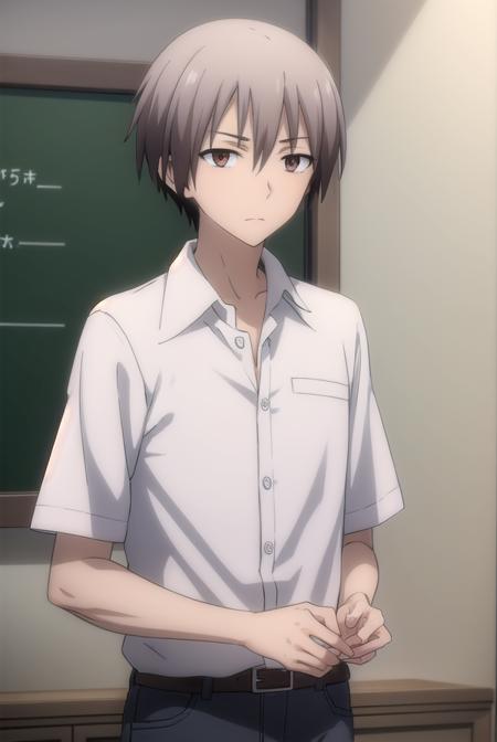 ayumuaikawa, <lora:ayumu aikawa s2-lora-nochekaiser:1>,
ayumu aikawa, short hair, grey hair, (brown eyes:1.3), male focus,
BREAK short hair, shirt, white shirt, collared shirt, pants,
BREAK indoors, classroom,
BREAK looking at viewer, (cowboy shot:1.5),
BREAK <lyco:GoodHands-beta2:1>, (masterpiece:1.2), best quality, high resolution, unity 8k wallpaper, (illustration:0.8), (beautiful detailed eyes:1.6), extremely detailed face, perfect lighting, extremely detailed CG, (perfect hands, perfect anatomy),