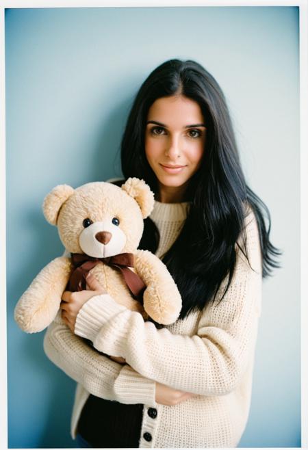 ambiance, analog, Bianc4Fr3ir3, Bianca Freire, <lora:Bianc4Fr3ir3-sdxl:1>, 1girl, mature, sweater, solo, stuffed toy, (portrait), stuffed animal, long hair, realistic, teddy bear, black hair, looking at viewer, bokeh, focus, film, polaroid, instant photo, border, artistic, best quality, photograph, focus