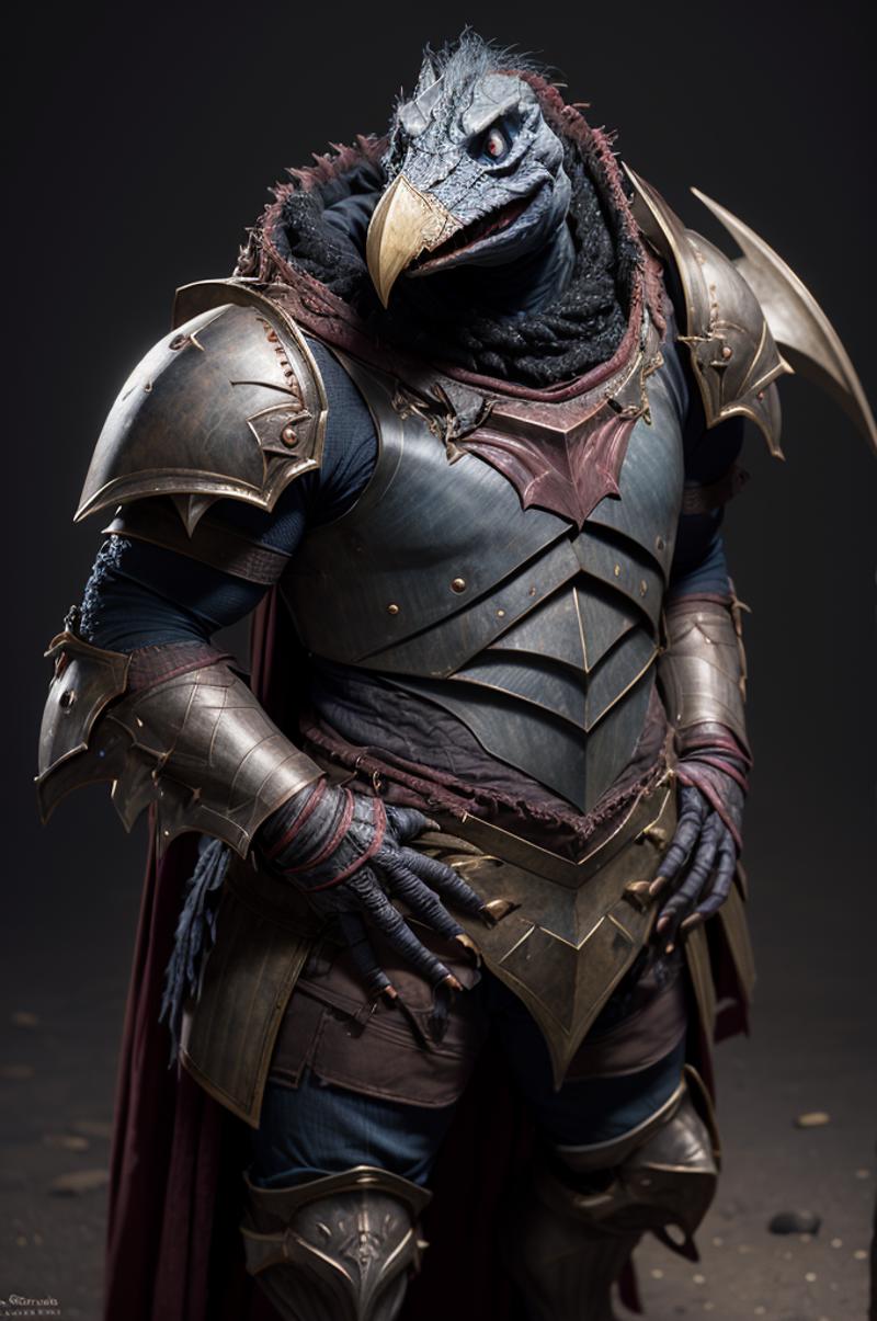 A close-up of a blue and black armor with a bird design on the shoulder.