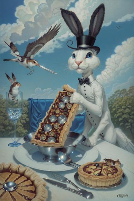 lowbrow, oilpainting, Greg Craola Simkins, delft, cat, many cat heads, birds, pie with serving knife in it, bird, no humans, top hat, sky, rabbit, cloud, food, animal, fork