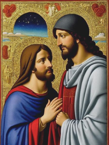 a couple of XII century looking at each other with love. Jesus in the backround is looking at them from the sky