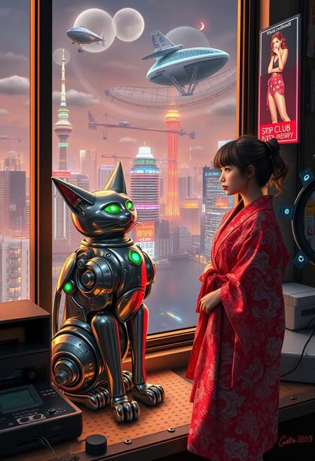 A highly detailed Shiny Metal Mechanical Robot Cat with glowing green blue eyes sits on a cluttered metal riveted desk next to a maneki neko statue and a small Nintendo , the robot cat is looking out to a floor to ceiling window that looks out over a futuristic cyberpunk Tokyo skyline with skyscrapers, holographic advertisements, futuristic airships covered with lights and advertisements in Japanese, a space elevator, (((a tall thin beautiful young woman, 22 years old, is standing next to the cat looking out at the city through the window))), The woman is dressed in an sexy ornate Japanese style bath robe, her lower legs are visible.  The woman's hair is messy from just waking up and tied up with a ribbon. Artistic cyberpunk, dynamic perspective, a translucent neon projection of a strip club bar advertisement displaying a partially dressed woman is visible on a nearby building,