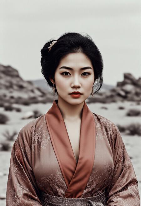 deepblack, photo-fen. 1950s vintage camera  photograph featuring a ((full-length portrait)) a Chinese woman in her early 20s with 1900s hair and makeup. She wears a fantastically organised kimono slightly open. She is facing the viewer. She has natural huge soft breasts which naturally sag.  Behind her is a Western desert landscape, rugged, sparse, rocky.