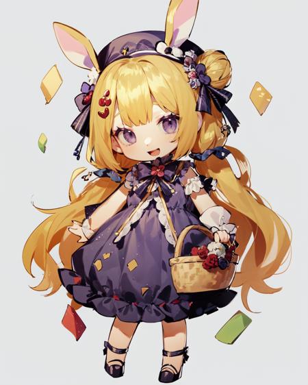 chibi, masterpiece, best quality, extremely detailed, detailed background, detailed face, 1girl, dress, solo, virtual youtuber, purple eyes, purple dress, basket, white background, flower, hat, white footwear, holding basket, bow, full body, animal ears, purple bow, looking at viewer, bangs, simple background, blush, holding, hair ornament, blonde hair, open mouth, long hair, smile, red flower, sample watermark, very long hair, sleeveless, hair bun, arms behind back, high heels, head tilt, ribbon, standing, twintails, hair flower, confetti, candy, bunny, food  