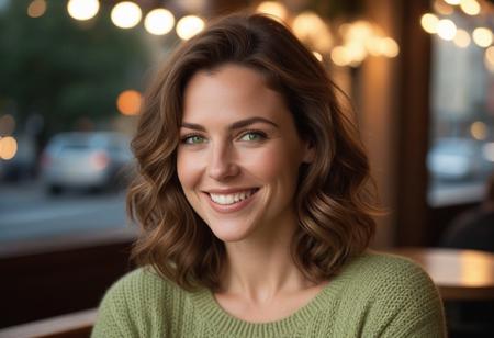 *A meticulously detailed, hyper-realistic portrait of Olivia, 35 years old, slender oval face,with softly contoured features, straight narrow nose with a gentle slopewith sun-kissed skin, bright green eyes, and a radiant smile. Her wavy, short-length light brown hair is casually tousled, framing her naturally beautiful face. Extremely natural skin texture, subtle wrinkles, subtle laugh lines. Her skin is natural, with subtle imperfections that enhance realism and a warm, genuine smile that reveals slightly perfect teeth.*     
The background is a cozy urban café with warm string lights and a blurred cityscape at dusk. Shot with a Hasselblad H6D-100c medium-format camera, using a tight crop and shallow depth of field (f/2.8) to emphasize the fine details of her woolen sweater and natural skin texture. The lighting is warm and diffused, casting a golden glow reminiscent of a Thomas Kinkade painting.*