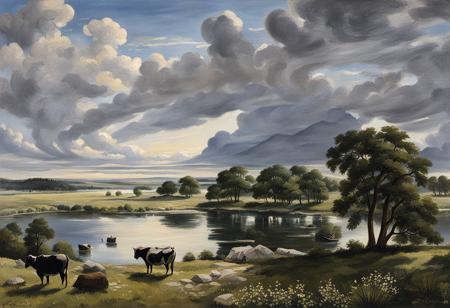 jhcst style a painting of  a great lake  surrounded with  grasslands and cattle and shrubs with trees