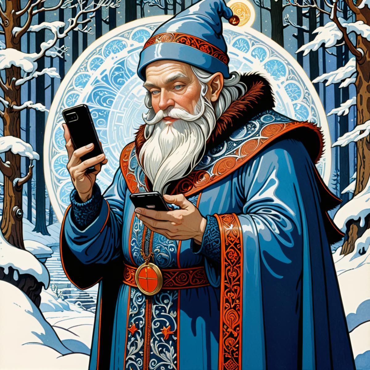 A Santa Claus figure holding a cell phone.
