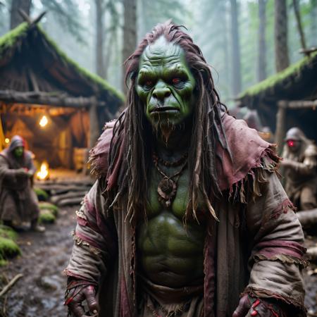 highly detailed portrait photo of a (ogre shaman):1.2  in a primitive camp in the forest.

ogre shaman, solo, long hair, looking at viewer, red eyes, male focus, blurry, blurry background, colored skin, robe, green skin,

performing magic in a primitive forest encampment,

depth of field:1.2, blurry, blurry background,
realistic:1.3,

photorealistic,
fantasy, cinematic,
32k, best quality, 


shadow play:1.1,




