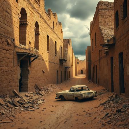 8K, UHD, HDR, cinematic, cinematic image, intricate details, realistic, photo,
Painting using oil paints.
Golden tones, Warm tones, warm hues. Black cloudy sky. 
Ancient stone buildings, apocalyptic, dilapidated, rundown, rubble, sand blown against walls and along roads. Deep sand filling alleyways.
A single rusting wreck of an old car.
Atmospheric, antique, intricate, detailed. Rustic. Debris. Dusty.
(Watercolor dreaminess), soft watercolor, selective color,
Fantasy style. Fantasy dreamlike art. 
<lora:RMSDXL_Enhance:0.45>,
<lora:add-detail-xl:0.8>,
<lora:Surreal Harmony:0.2>
<lora:The_Dark_Side_of_the_Earth:0.2>
<lora:Old_Style_SDXL:0.2>
<lora:DonM0ccul7Ru57XL-000006:0.8> DonM0ccul7Ru57XL