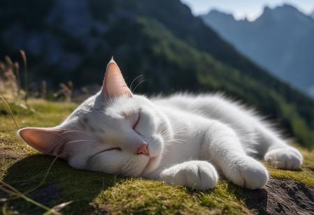 realistic, solo, cat, cute, sleeping, light_particles, nature, mountain, depth of field, the best quality, amazing quality, high quality, masterpiece,