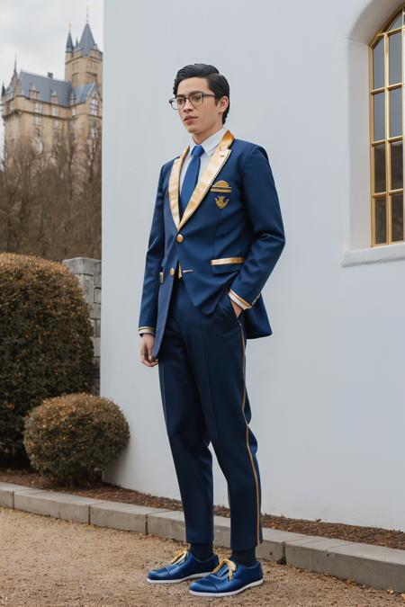 RAW photo, figma, a portrait photo of 20 y.o man wearing glasses, [(school boy uniform with ((blue school suit and blue school trousers with gold trim), (red school tie), (white socks), (black school shoes))):(christmas toy soldier costume):0.7] <lora:christmas_toy_soldier_costume-02:0.2>  <lora:figmaAnimeFigures_figma:0.2>, (standing straight next to the castle school), out door, full body, 8k uhd, high quality, film grain, Fujifilm XT3,