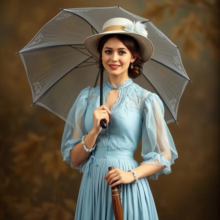 A young woman named Mindalia Kreb, aged 20-30, dressed in late 19th-century clothing. She wears a formal light blue dress with a delicate overlay in a lighter shade of blue. In her hands, she holds an umbrella, and on her head, she has a stylish hat. The woman radiates a sense of elegance, flirtation, and joy.