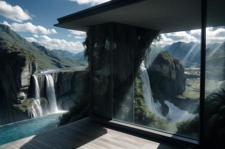 black modern villa into the montain, on the edge of a cliff surrounded by waterfalls, cloudy weather, intricated architecture, (view from upper front:1.3),  black walls, photo from far away, 
(masterpiece),(high quality), best quality, real,(realistic), super detailed, (full detail),(4k),8k,pool, window, no humans, scenery,outdoors, mystic,  bridge,  intense sunlight, <lora:_20230805154543:1><lora:add_detail:1.0>