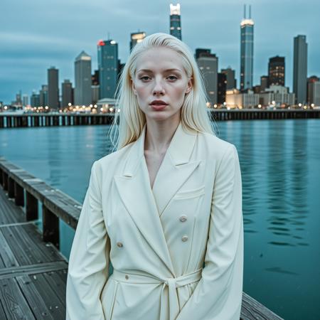 close up analogue photo of a beautiful 25 years (((albino woman:1.5))) with white hair (((pale skin:1.5))), white hair, <lora:Lumiya_SDXL:0.6>, A woman stands at the edge of a pier at blue hour, wind in her coat, city skyline behind her reflected in dark water, cinematic realism and moody tones.
