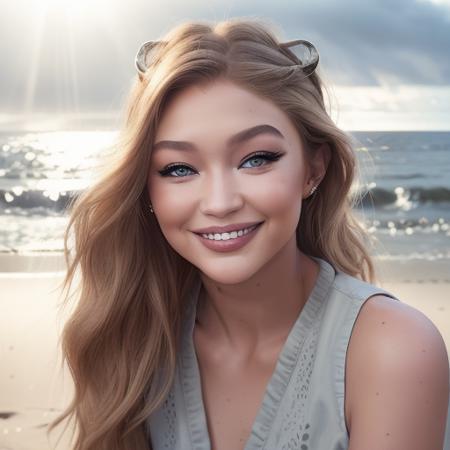 (sharp focus:1.2), photo, attractive youngGigiHadid, (beautiful face:1.1), detailed eyes, luscious lips, (cat eye makeup:0.85), (big smile:1.2),  wearing (romper:1.2) on a (beach:1.2).  (moody lighting:1.2), depth of field, bokeh, 4K, HDR. by (James C. Christensen:1.2|Jeremy Lipking:1.1).<lora:GigiHadid:0.6>