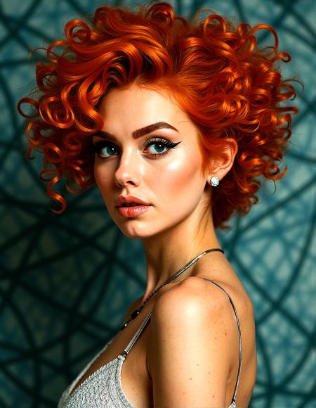 An upper body image of a woman with curly orange hair, aqua eyes, and bold eyeliner. She has thick eyebrows and long eyelashes, and her lips are shiny and full. She wears a subtle necklace and a helix piercing. The extreme realism focuses on her detailed skin, showing fine textures and natural highlights.

The background is A complex web of intersecting lines in different colors and thicknesses.

Subtle skin pores and natural texture on the face and neck, Realistic light reflections on the surface of the eyes, Slightly raised veins visible under the skin on the neck, Subtle veins visible on the eyelids under certain lighting, Realistic reflection of light on the glossy lips, following their curvature, Soft reflections on the necklace, enhancing its metallic look

Standing with her back to the camera, head turned slightly, looking back over her shoulder





 









































