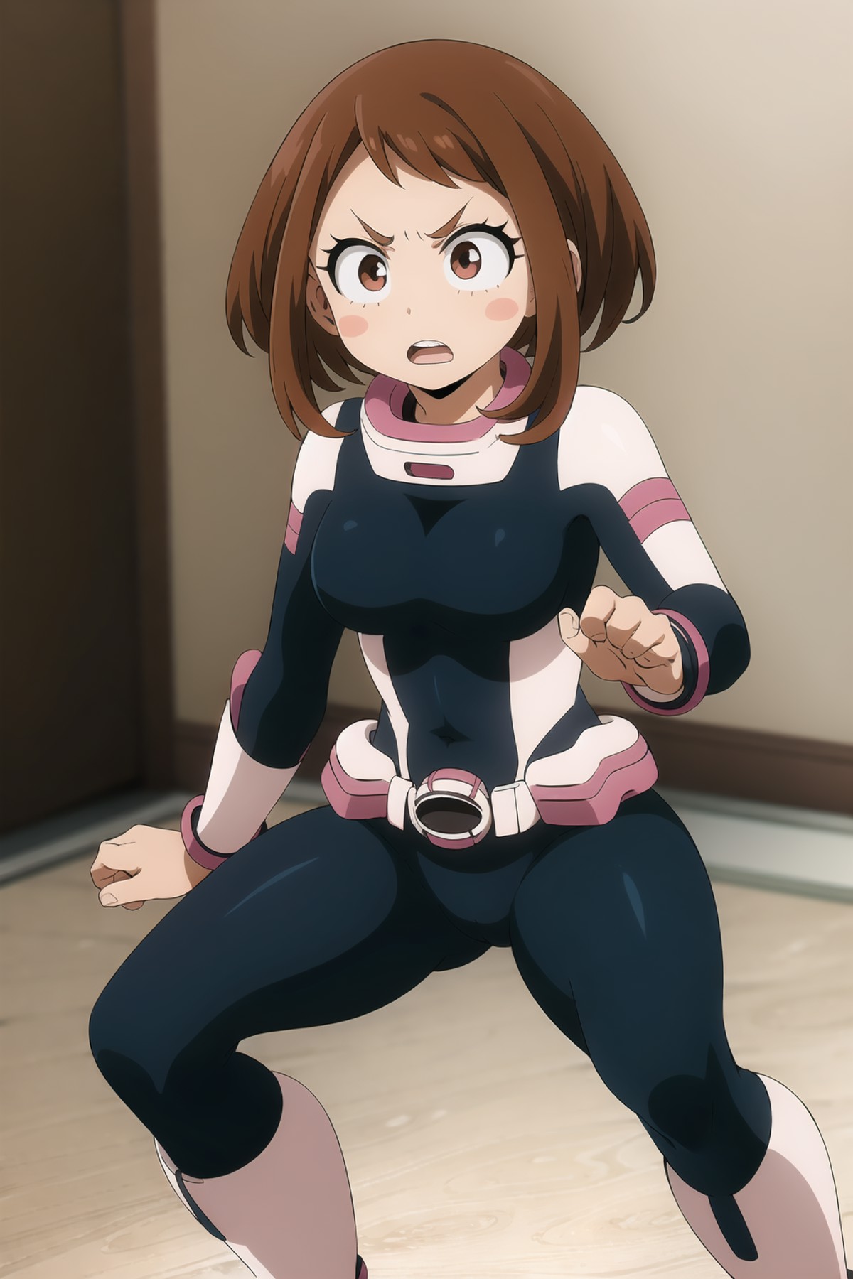 ochaco_uraraka, 1girl, blush_stickers, bodysuit, open_mouth, solo, boots, breasts, superhero, looking_at_viewer, clenched_...