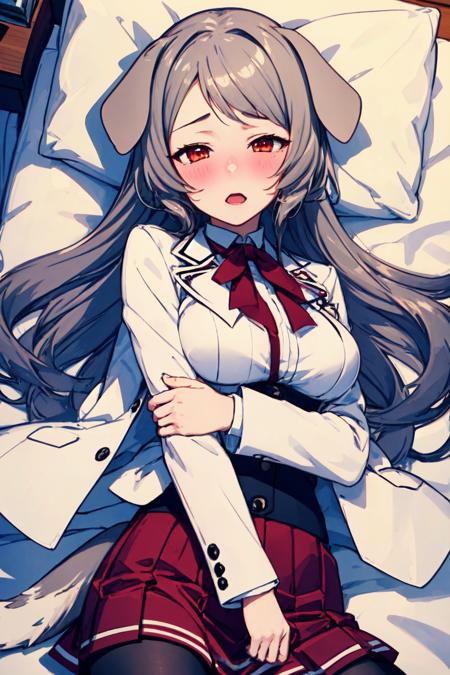 <lora:Pursena:0.7>, 1girl, Pursena, red eyes, dog ears, dog girl, dog tail, grey hair, white jacket, large breasts, black legwear, pantyhose, pleated skirt, (lying on back), <lora:torogao_v3:1.4>, full-face blush, heavy breathing, bedroom, on bed, from above