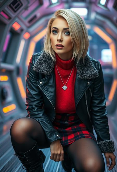 a beautiful blonde woman, kneeling,
curious, intrigued, one eyebrow raised, mouth open,
bob haircut, gray eyes, brown eyebrows, split cut eyebrow,  black leather jacket with fleece lining, red sweater, silver necklace, black red plaid mini skirt, black stockings, black combat boots, dramatic angle, side view, looking at viewer,
spaceship interior in background, neon bokeh