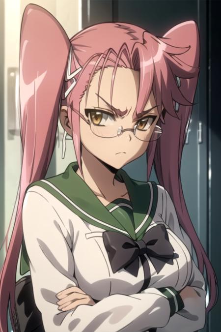 (((pixel-perfect, detail-perfect))), solo, 1girl,  <lora:saya-hotd-01:0.75>, saya takagi, glasses, school uniform, frown, crossed arms, upper body, looking at viewer