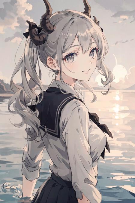 1girl,upper body,beautiful detailed eyes, medium_breasts, long hair,grey hair, grey eyes, curly hair, bangs, smug, twintails, beautiful detailed sky, beautiful detailed water, dramatic angle, ((back to the viewer)),(an extremely delicate and beautiful),school uniform,black ribbon,light smile, ((sfw)), horns