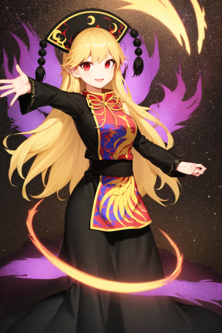 1girl, solo, junko \(touhou\), long hair, blonde hair, red eyes, black headwear, black dress, long sleeves, tabard, smile, looking at viewer, standing, spread arms, spectral tails, purple fire, space, stars  <lora:char-junko-8dim:1>