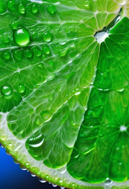 Stunning close-up photograph of a vibrant lime slice, showcasing the beauty of the fruit's green flesh and the allure of its glistening water droplets. The image captures the essence of the lime in breathtaking detail, highlighting its refreshing and organic nature. The photograph is a work of art in itself, with a rich green color palette and a stunning display of liquid textures that create a sense of movement and energy. This photorealistic image invites viewers to appreciate the simple beauty of the lime and the artistry of macro photography.