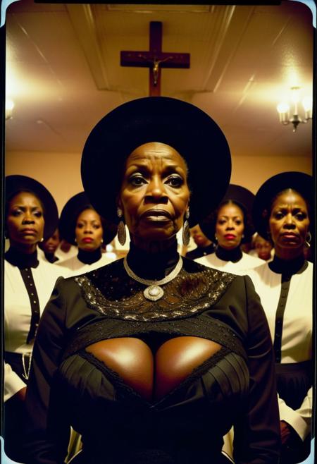()Hyoer Realistic:2.0)Polaroid picture of 
a hyper realistic Movie Still of (80 years old ((busty:1.3)) (((african american))) women) 
  a Mississippi Baptist church parking lot  where a group of stunning, elderly black women, resplendent in their finest Sunday attire, gather around a circle of new recruits. The women's faces exude warmth, wisdom, and a hint of mystique, as they gaze intensely at the newcomers.
With gentle, soothing voices, they begin to speak in unison, their words weaving a hypnotic spell that draws the recruits in.
The recruits' faces slacken, their eyes glazing over as they succumb to the sisters' mesmerizing power. The women's message is clear: join their sisterhood, and you shall be empowered to raise your family without the need for a man. Capture the surreal, captivating atmosphere of this scene, where the boundaries between faith, sisterhood, and mind control blur.