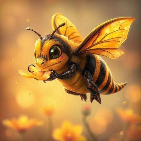 In this vibrant, highly detailed digital painting, a charming dragon-bee hybrid hovers gracefully in mid-flight. Its plump body, a delightful blend of dragon and bee, is adorned with soft, velvety scales in bold black and yellow stripes that shimmer beautifully in the light. The creature’s oversized eyes, sparkling with intelligence and a playful hint of mischief, captivate the viewer, while its tiny proboscis curls adorably as it sips nectar from a glowing flower with petals mirroring the iridescence of its scales. Its wings, a stunning fusion of dragon grandeur and bee-like translucency, flutter softly with a gentle hum, casting a warm golden glow. The hybrid’s legs—cute, miniature talons wrapped in fluffy fuzz—dangle playfully, dusted with golden pollen that adds to its whimsical charm. The background fades into a dreamy blur of warm, pastel tones, with soft bokeh suggesting distant flowers. Bathed in the tender glow of golden hour light, the scene highlights every enchanting detail, creating a fantasy-inspired yet heartwarming portrayal of this adorable creature.
