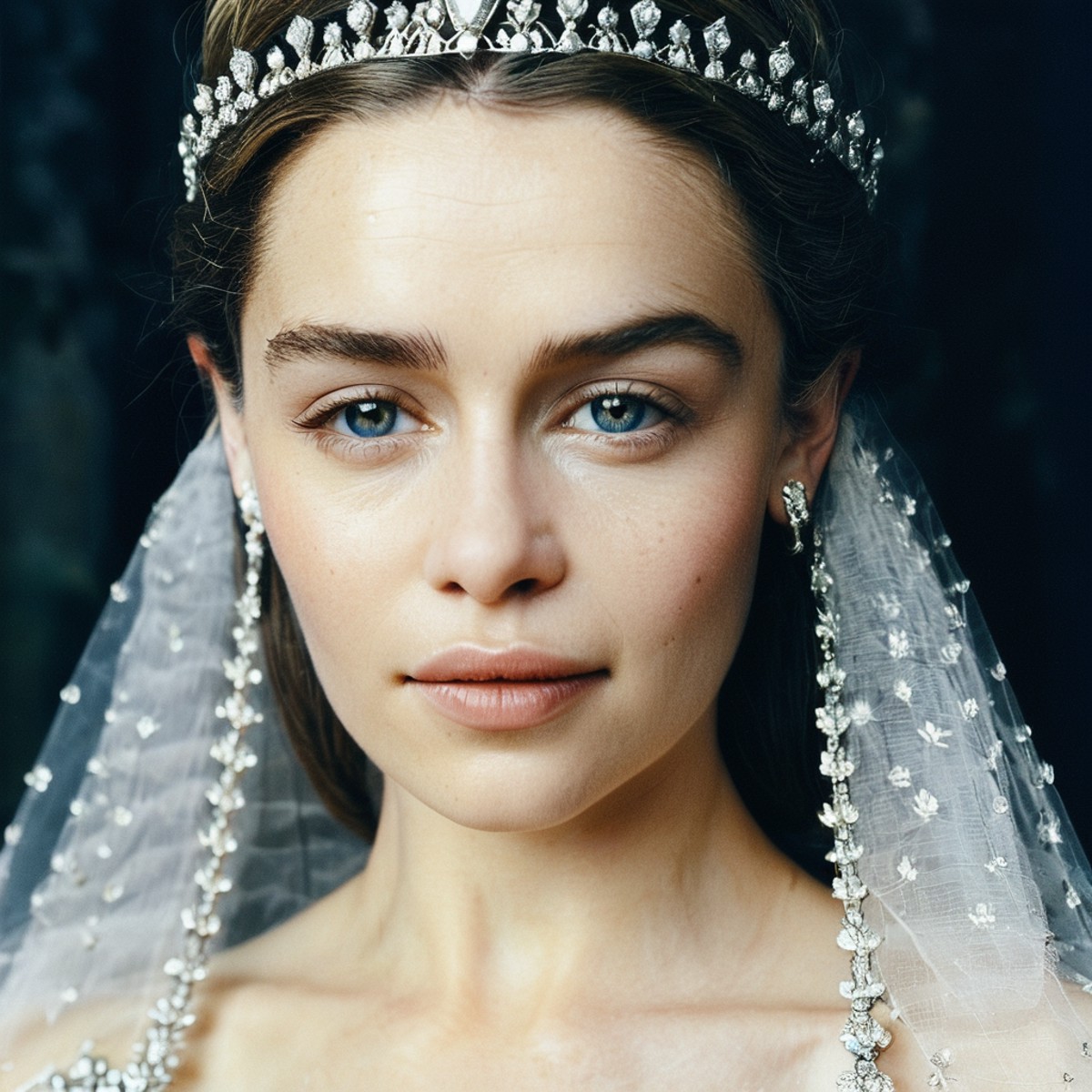 (Skin texture),High qualitycloseup face portrait photo, analog, film grain, actress dressed as a medieval queen with a del...