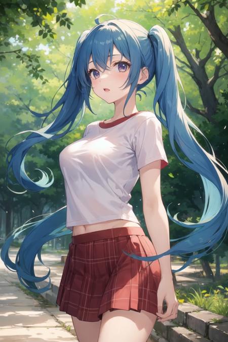 1girl, cowboy shot, standing, park, nature, twintails, t-shirt, skirt, short sleeves, outdoors