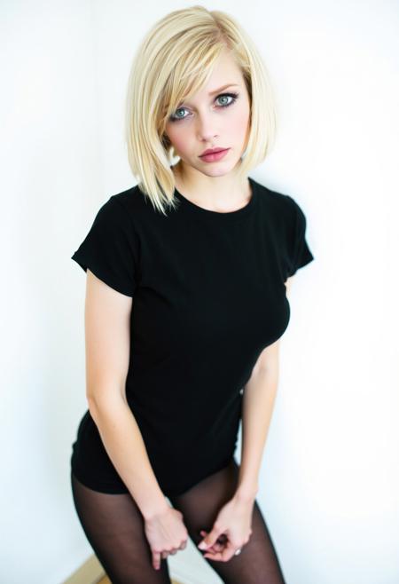 woman, blonde bobcut hair, parted half hair, green and blue eyes, eyeliner, gothic, wearing black t-shirt and black hotpants, black pantyhose, slender body, long legs,