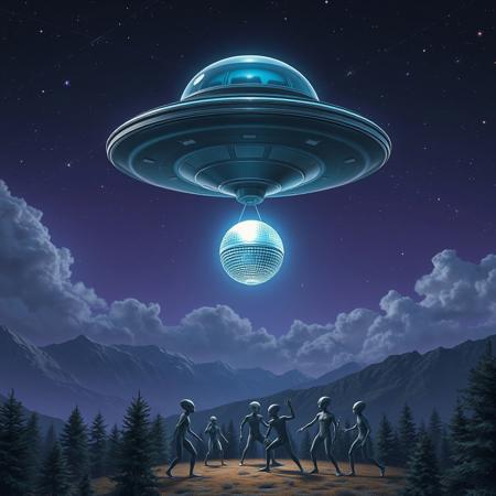 detailed, high resolution, 4k, UFO, alien space ship, a UFO is hovering in sky, night, clouds, dark purple sky, stars, big stars, small stars, nebula, UFO is glowing blue slightly, UFO is dangling a disco ball, disco ball hanging from under the UFO, disco ball is attached by a rope, disco lights, forest, mountains, forest clearing, a bunch of aliens are dancing in the forest clearing, the aliens are having a dance party, aliens are break dancing, dynamic poses, dynamic dance moves, birds eye view, view from above,