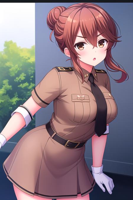 (masterpiece, best quality), highly detailed background, perfect lightingbest quality, kawakamiseri, solo, outdoors, military, brown hair, hair bun, hair between eyes, sidelocks, v-shaped eyebrows, brown eyes, breasts, brown dress, brown shirt, black necktie, short sleeves, white gloves, armband, black belt, brown skirt, miniskirt, military uniform, open mouth, :o, pink lips, <lora:Kawakami-Seri:0.7>