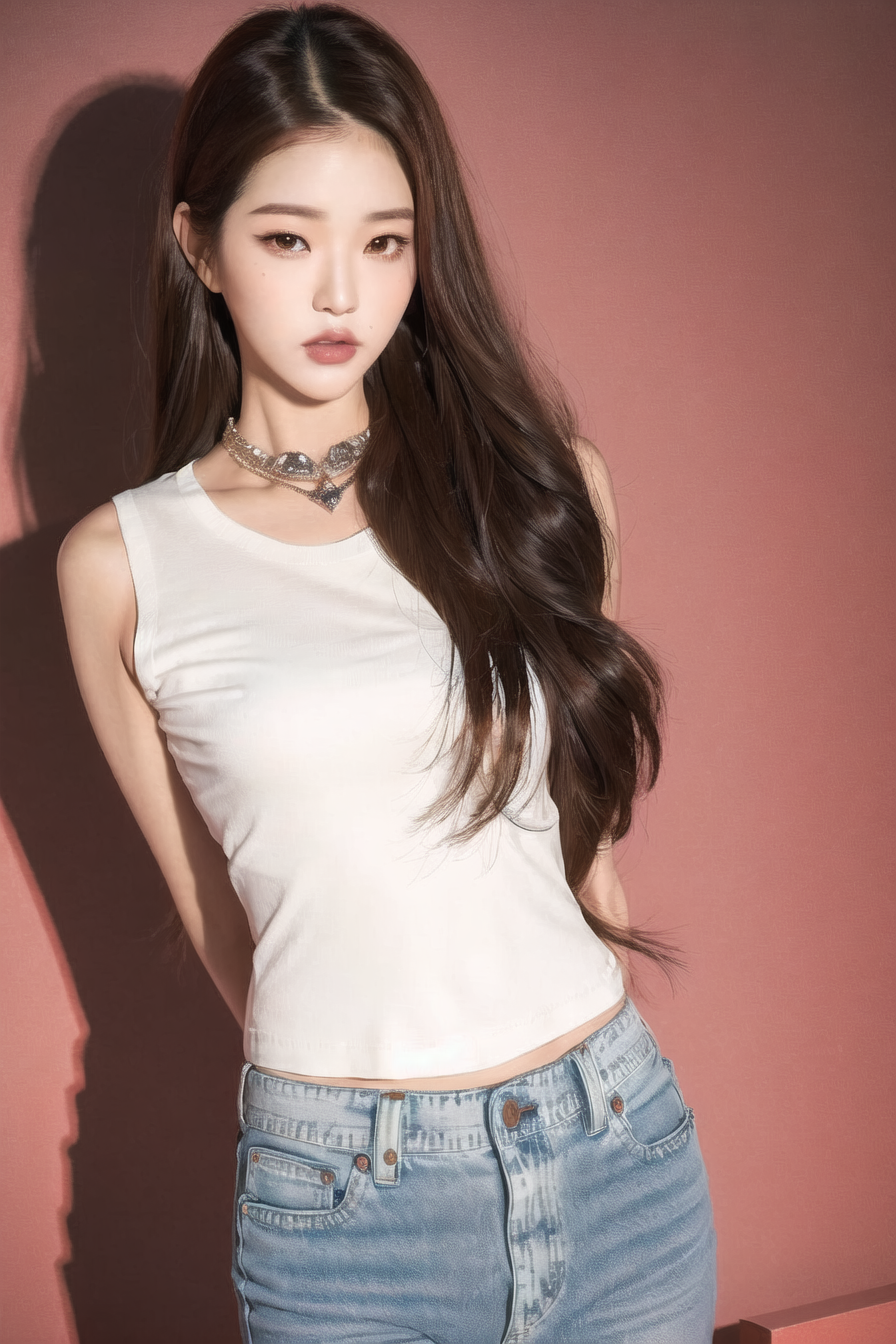 <lora:wonv1A:0.7>, Jang Wonyoung, 1girl, brown hair, brown eyes, denim, jeans, lips, long hair, looking at viewer, realist...