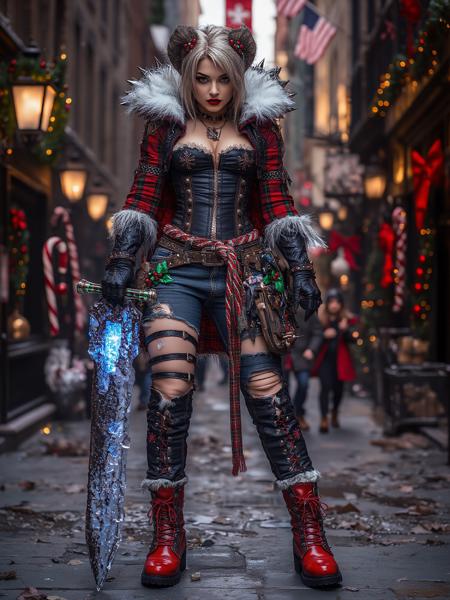 A fierce punk warrior clad in a leather bodysuit with red and green plaid patches, accented by distressed denim jeans and a corset embroidered with metallic snowflakes. Their spiked epaulettes are shaped like icicles, and their fur-lined cape flutters behind them, trimmed with glowing LED holly leaves. Their boots are tall and studded, adorned with candy cane-striped laces. They wield a jagged sword that glows with a faint blue light, shaped like a giant icicle, in a festive urban battlefield