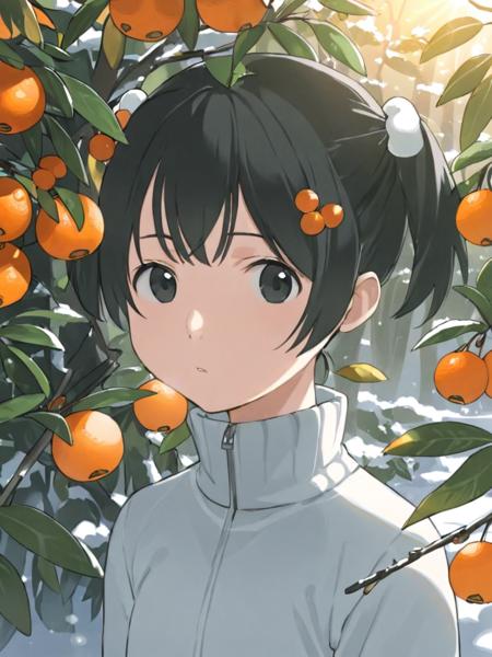 <lora:comiclo_xl:1>,1girl,solo,black hair,fruit,black eyes,tree,food,coat,hair ornament,orange (fruit),looking at viewer,upper body,short hair,closed mouth,bangs,fur trim,outdoors,hair bobbles,jacket,hood down,day,leaf,zipper,mandarin orange,winter clothes,frown,twintails,branch,turtleneck,long sleeves,sunlight,expressionless,