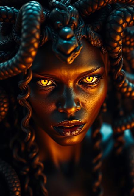 Modern, 2020s, detailed cinematic shot from, realistic cinematic scene, dark brown black woman portrays Medusa, the gorgon woman with writhing snake hair, full lips glowing yellow eyes, no pupils, Intricate, Sharp focus, Highly detailed, Fantasy, Dark lighting, ominous mood., realistic Medusa high saturation, Bright, Vibrant, full of action, Very stylish, far shot,  full body, showing detailed intricate work, shot in the style of  wes anderson and stephen king, oscar winning photography, striking image captures, meticulous attention, stunning costume design