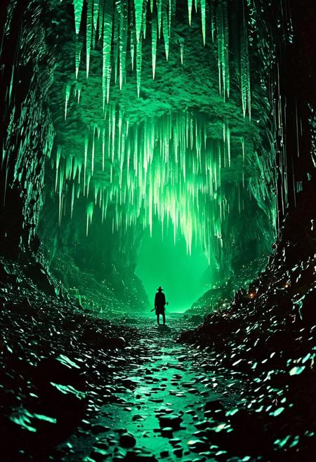 A group of nomads discovers a cavern filled with luminescent crystals. The crystals hum with an otherworldly energy, and shadowy figures can be seen moving just at the edge of vision., 
Inspired by the adventurous spirit of 'Indiana Jones' and infused with the ominous, otherworldly mystique of H.P. Lovecraft's universe. Picture a setting that merges the charm and camp of 1980s adventure films with the eerie, dreamlike quality of Lovecraftian horror. Visualize scenes where subtle yet powerful magic underlies the reality, evoking a sense of ancient, unfathomable forces lurking beneath everyday appearances. This blend captures the essence of a surreal, 80s-style cinematic world where every corner hides a hint of mystical wonder and dark, arcane secrets
, in the style of an old 80's VHS dark fantasy, VHS screen grab, grainy, old footage