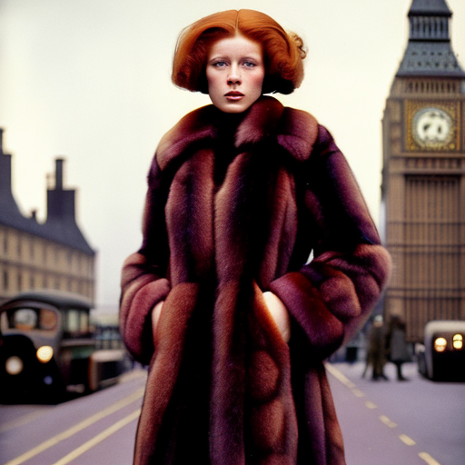 a highly detailed cinematic portrait color photograph of a young woman walking in london, wearing a fur coat, long auburn ...