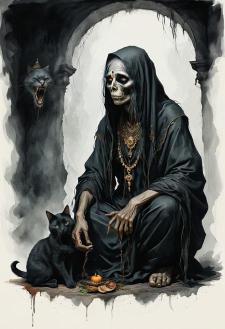 Present an ancient, frightening Indian figure gnawing on a cat, dressed in a sinister black robe, as they create an aura of terror. The witch's ghastly attire and the chilling atmosphere surrounding them only serve to heighten the sense of unease and fear, drawing the viewer into the heart of darkness. The macabre scene is a testament to the art of creating a spine-chilling atmosphere through the careful use of imagery and lighting.