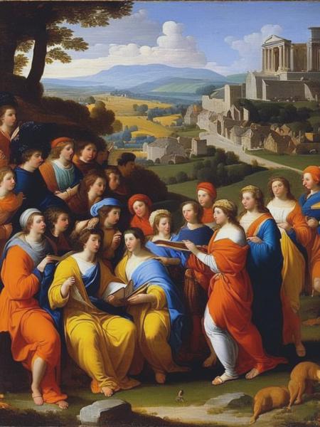 <lyco:NicolasPoussin:1.0> Nicolas Poussin, 15 1594; Les Andelys, France , important painters of the French Baroque period in the 17th century, classicist painting school, classicist style, group portraits, men and women wearing ancient Roman clothes, Bible stories