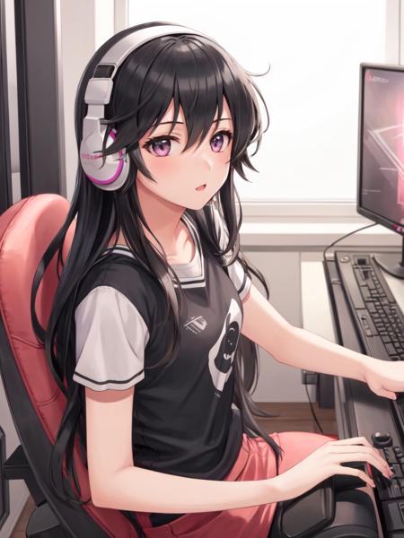 <lora:Ayra_FE-10:0.8>, ayra fe, 1girl, masterpiece, ultra high quality cg, best quality, girl solo, long hair, gaming platform, gaming pc, pink theme room, gaming keyboard, gaming headphone, gaming console, bubble gum