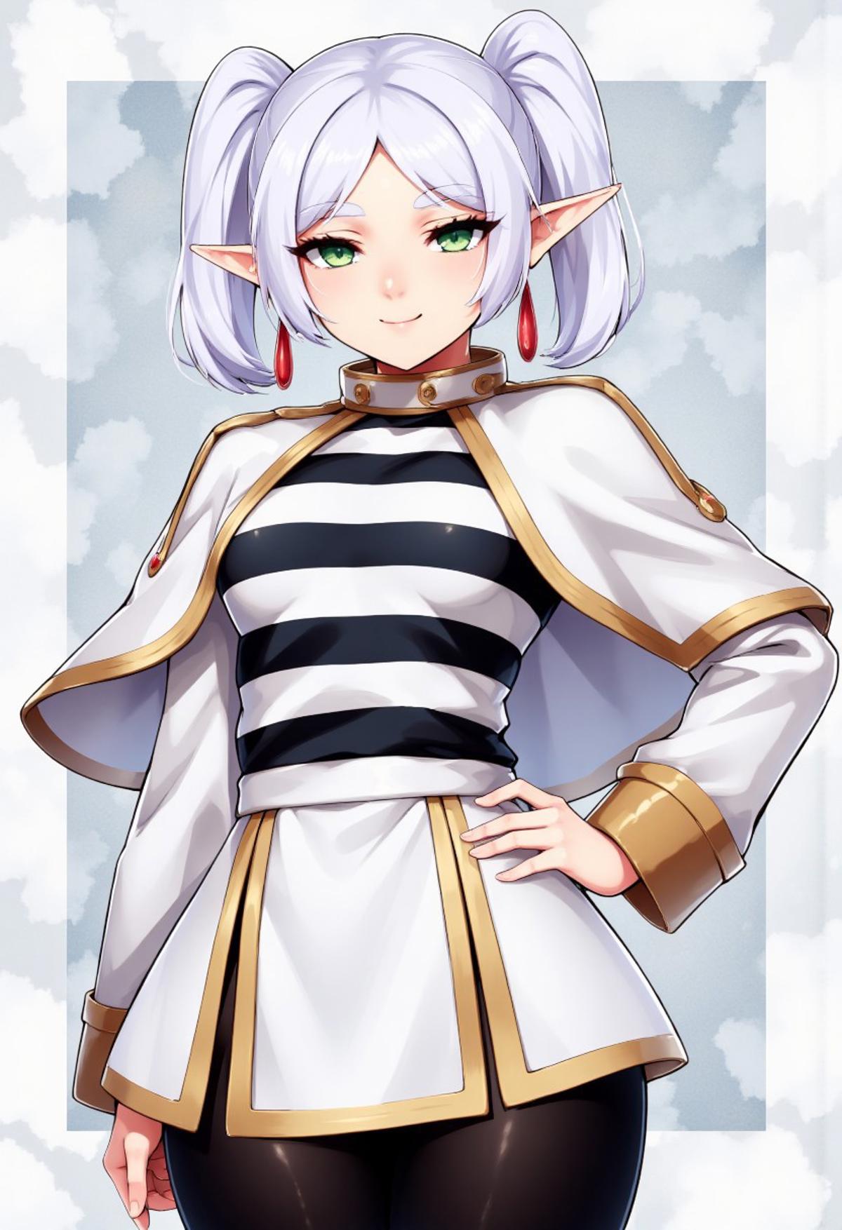 zzCitronCAT, 
nereirfpnxl, frieren, elf, pointy ears, green eyes, white hair, twintails,
shirt, long sleeves, jewelry, earrings, striped, capelet, striped shirt, white skirt, black pantyhose,
closed mouth, standing, collarbone, cowboy shot, hand on hip, contrapposto, 
abstract background,