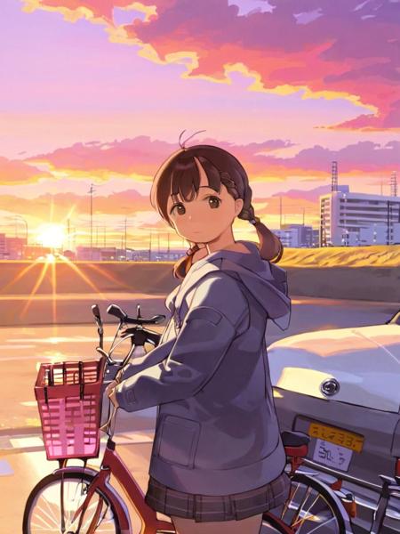 <lora:comicloa1_xl:1>,1girl, solo, ground vehicle, bicycle, skirt, hood, sky, long hair, outdoors, cloud, bicycle basket, brown hair, hood down, twintails, braid, sunset, twin braids, hair over shoulder, long sleeves, hoodie, jacket, looking at viewer, coat, brown eyes, standing, city, pleated skirt, closed mouth, building, hooded jacket, motor vehicle