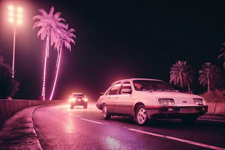 analog gloomy photo of a black Ford Sierra car, <lora:s13rr4:1>, racing down a neon highway at night, outrun, synthwave, retrowave, purple sky, traces of pink and cyan lights, palm trees, flamingos, High Detail, Sharp focus, ((photorealism)), realistic, best quality, 8k, award winning, dramatic lighting, epic, cinematic, masterpiece