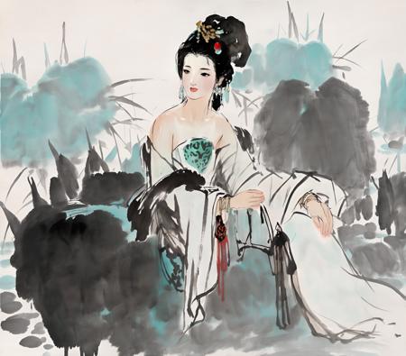 Chinese ink painting, 1girl, solo, bare shoulders, black hair,hair ornament, cyan hanfu,  wide sleeves, black eyes, red lips, jewelry, long sleeves, earrings,<lora:Chinese_INK_painting_V1:0.8>