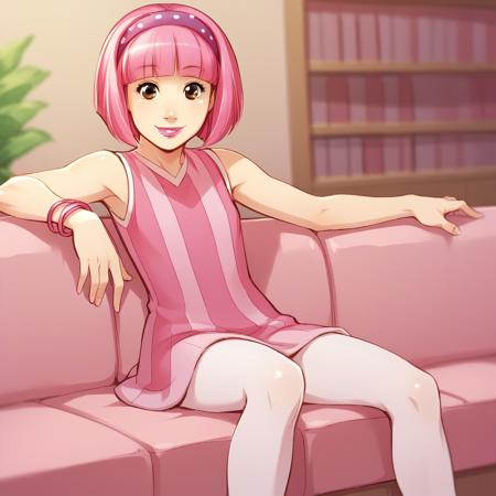 Stephanie, 1girl, solo, pink hair, short hair, brown eyes, lipstick, headband, pink dress, sleeveless, pantyhose pink socks, white footwear, 