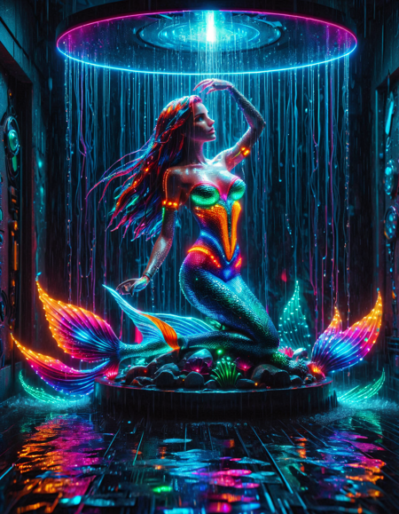colorful LED lights, william waterhouse style, mermaid, raining, vignette, sharp contrast, dark, dim lighting, mechanical body, futuristic, vibrant colors, neon lights, high quality, precise, high resolution, 4k, 8k <lora:ColourfulLED:1>,