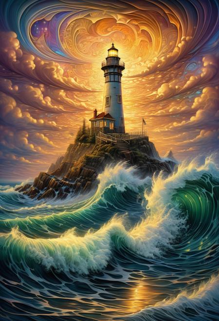 by Dan Mumford, By thomas kinkade,tristan eatona, painting of a lighthouse surrounded by waves, a detailed painting, psychedelic art, award winning painting, colorful swirly ripples of magic, intricate mural, fractals swirling outward, digital art. highly detailed, golden hour intricate, lots of swirling, (extremely detailed, intricate oil. abstract vector fractal, wave function, Zentangle, PBR Shading